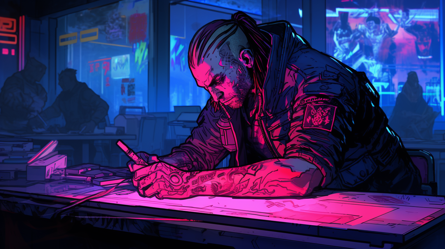 An AI-generated illustration of a man in a hooded jacket writing on paper with a pen, harshly lit by red light from below..