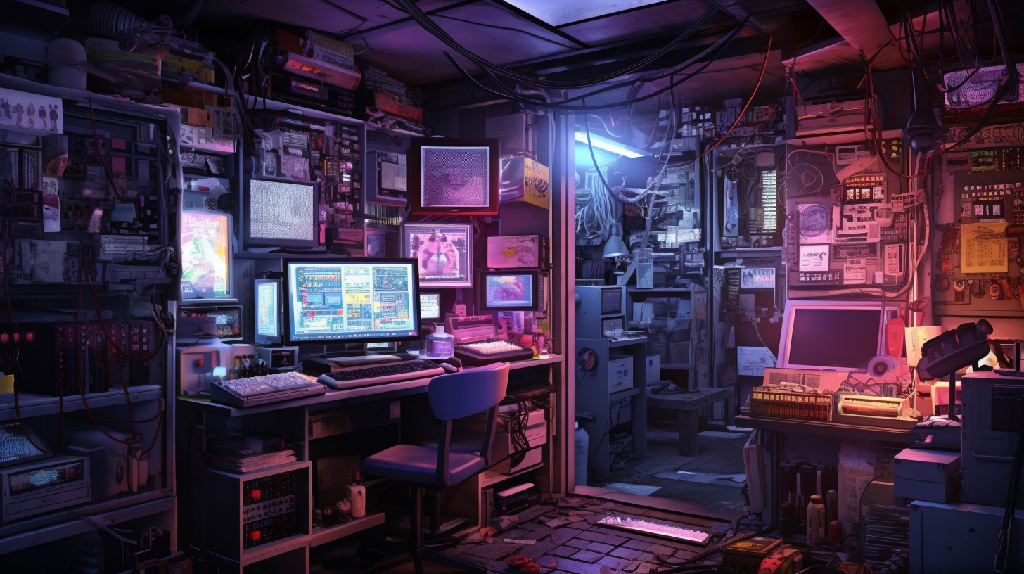 A dark, cluttered workspace, full of cyberpunk-aesthetic computer hardware.
